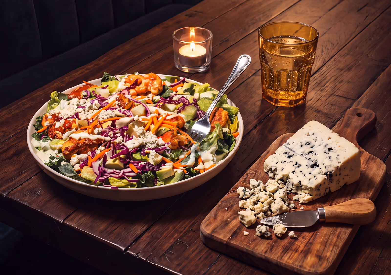 Buffalo Cauliflower Salad with blue cheese on a wooden table