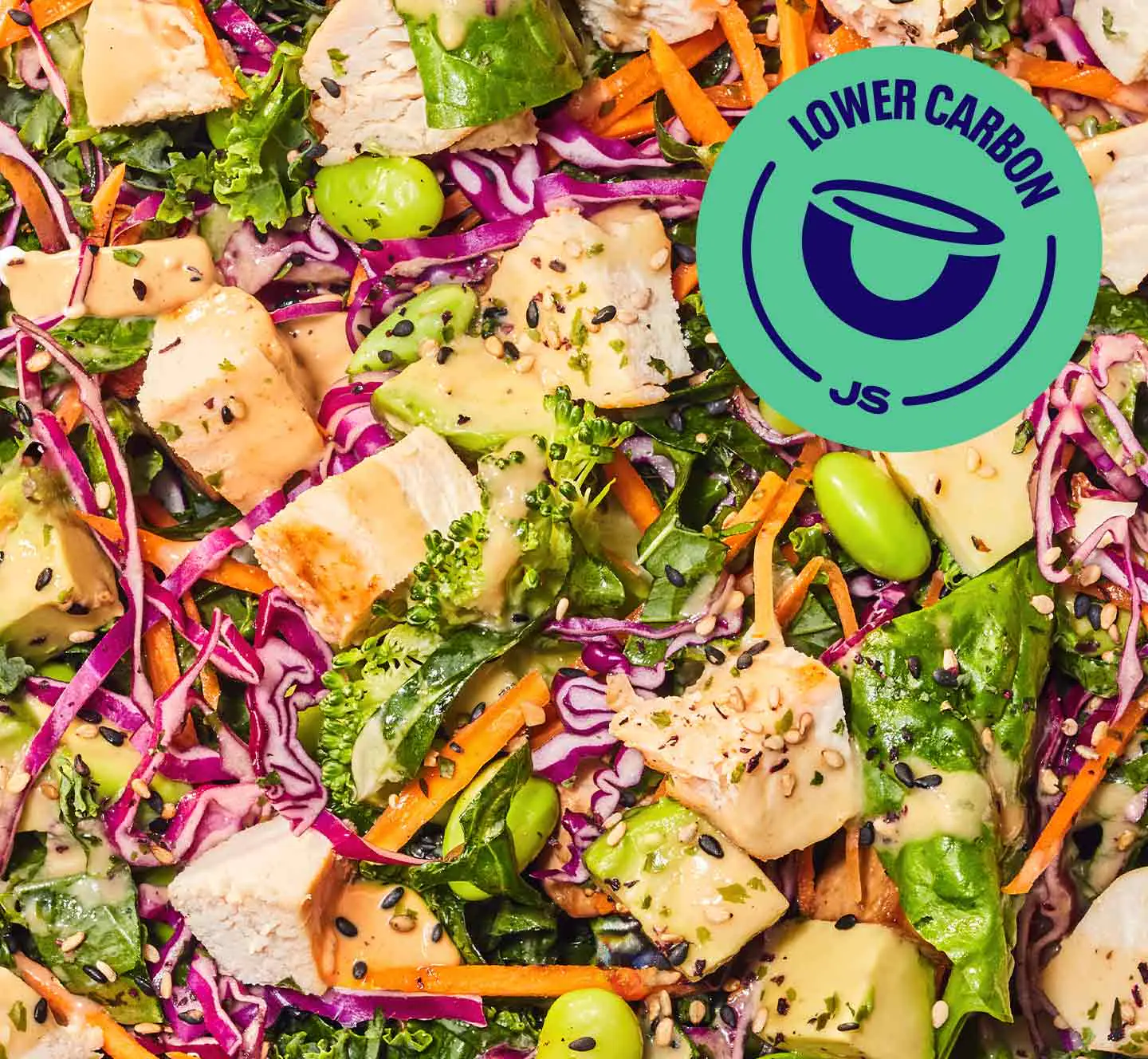 A close-up of a salad marked with a Lower Carbon label